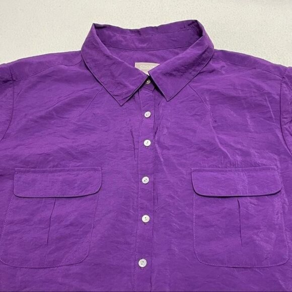 Chico Blouse Button Shirt Women Size 2 L/12 Solid Vibrant Purple Workwear Pocket - Picture 8 of 9